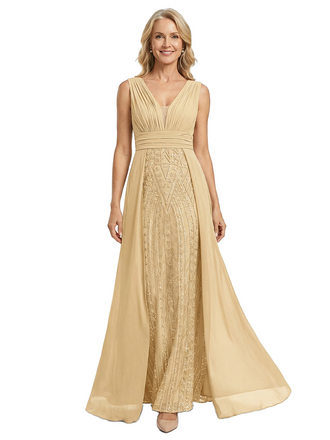 ChicSew Sophisticated V-Neck Beaded A-Line Gown For Mother Of The Bride With Chiffon Overskirt