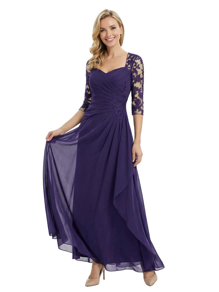 Fancy Mother of The Bride Chiffon Gown Square Neck 3/4 Lace Sleeve Floor-Length
