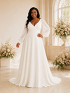 ChicSew Elegant A-Line V-Neck Long Sleeves Ruching Chiffon A-Line Maxi Wedding Dress