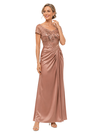 ChicSew V-Neck Lace Appliques Beading Short Sleeve Satin Mermaid Floor Length Mother of the Bride Dress