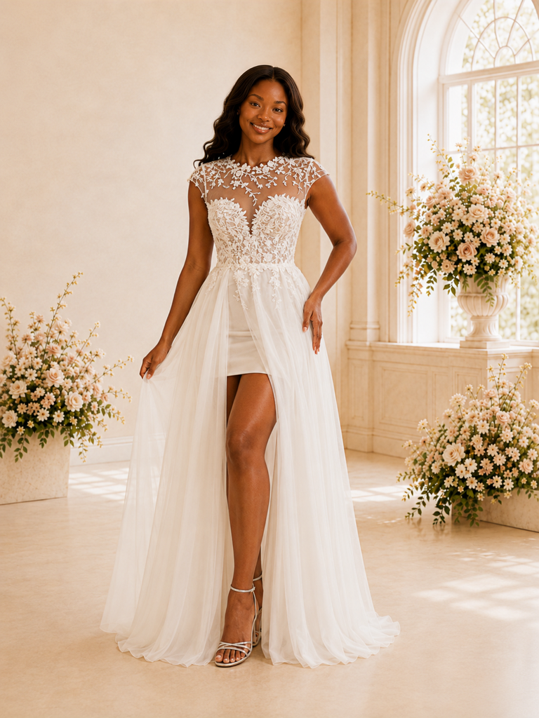 ChicSew Romantic Illusion Cap Sleeves Side Slit Tulle Sheath Wedding Dress With Lace Appliques