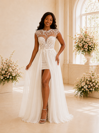 ChicSew Romantic Illusion Cap Sleeves Side Slit Tulle Sheath Wedding Dress With Lace Appliques