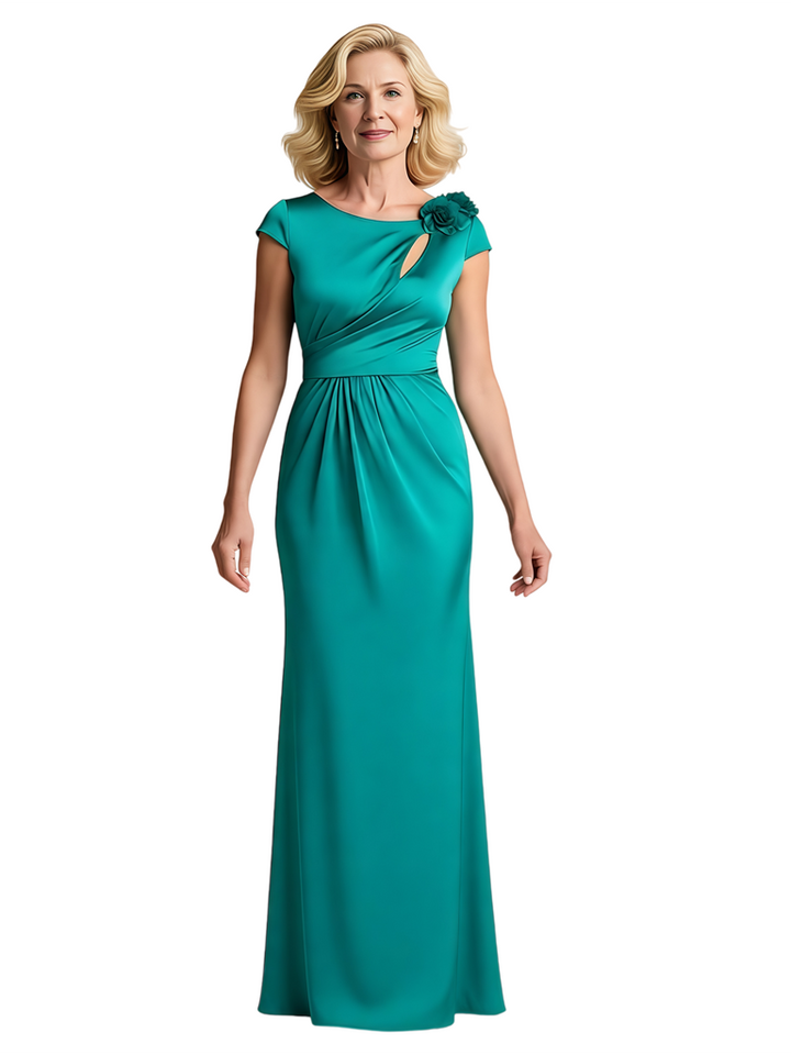 Modern Cap Sleeve Satin Floor-Length Mother Of The Bride Dress With Floral Shoulder