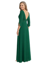 ChicSew V-Neck Long Sleeve Lace Ruched Waist Long Chiffon Elegant Mother of the Bride Dresses