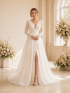 ChicSew Elegant Chiffon A-Line V-Neck Pleated Long Sleeves Maxi Wedding Dress
