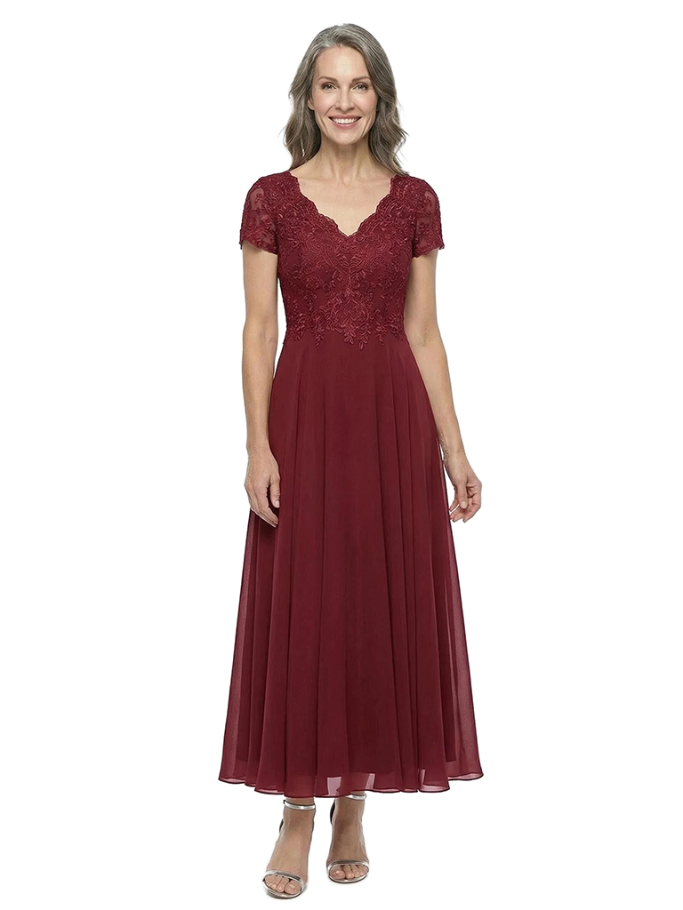 ChicSew V-Neck Short Sleeve Lace Ruched Waist Tea Length Chiffon Elegant Mother of the Bride Dresses