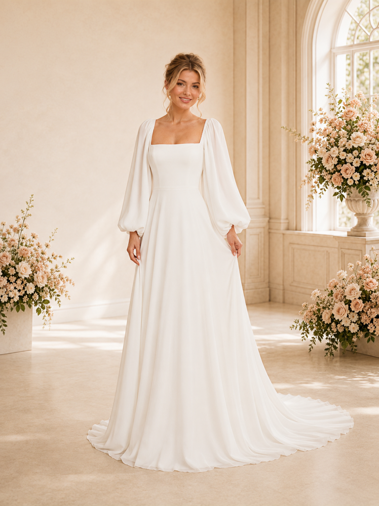 ChicSew Elegant Square Long Sleeves Chiffon A-Line Floor-Length Wedding Dresses