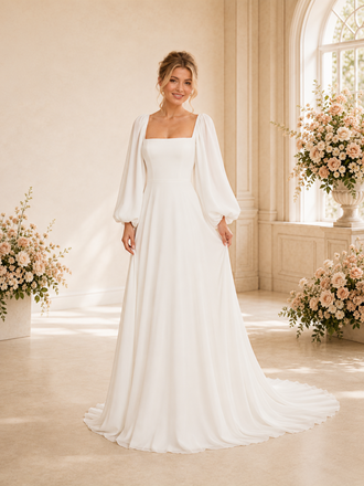 ChicSew Elegant Square Long Sleeves Chiffon A-Line Floor-Length Wedding Dresses