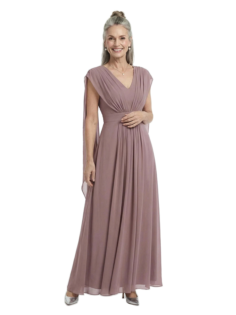 ChicSew Trendy Ruched V-Neck Mother Of The Bride Wedding Dress With Long Back Cape Sleeves Chiffon A-Line Formal Gown