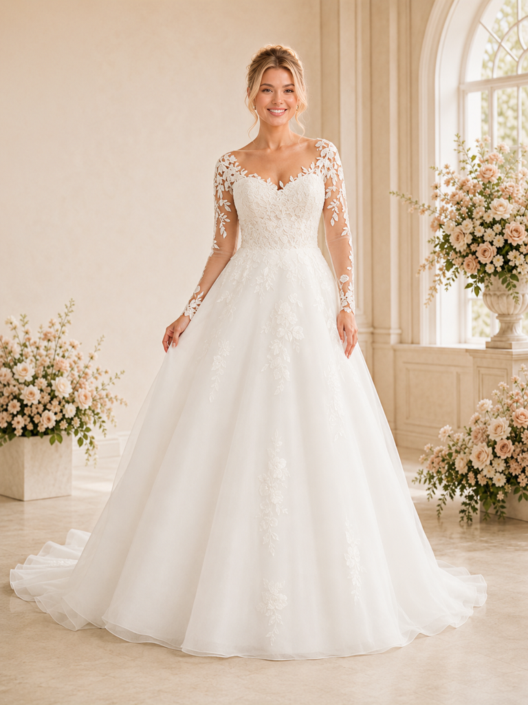 ChicSew Classy V-Neck Long Sleeves Lace Tulle A-Line Maxi Long Wedding Dress