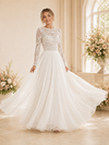 ChicSew Elegant Lace Applique Chiffon Pleated Long Sleeves A-Line Floor-Length Wedding Dress