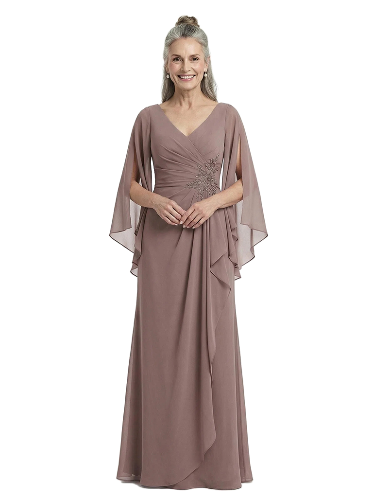 ChicSew Unique V-Neck Ruffle Chiffon Mother Of The Bride Dresses Long Sleeves Sheath Gown