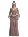 ChicSew Unique V-Neck Ruffle Chiffon Mother Of The Bride Dresses Long Sleeves Sheath Gown