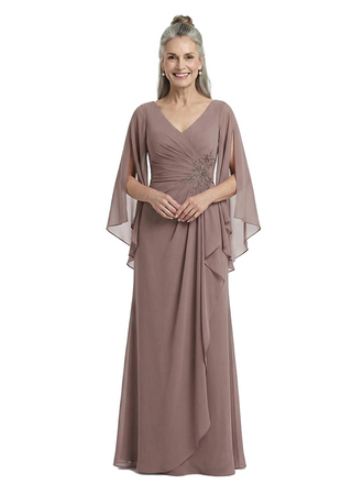 ChicSew Unique V-Neck Ruffle Chiffon Mother Of The Bride Dresses Long Sleeves Sheath Gown