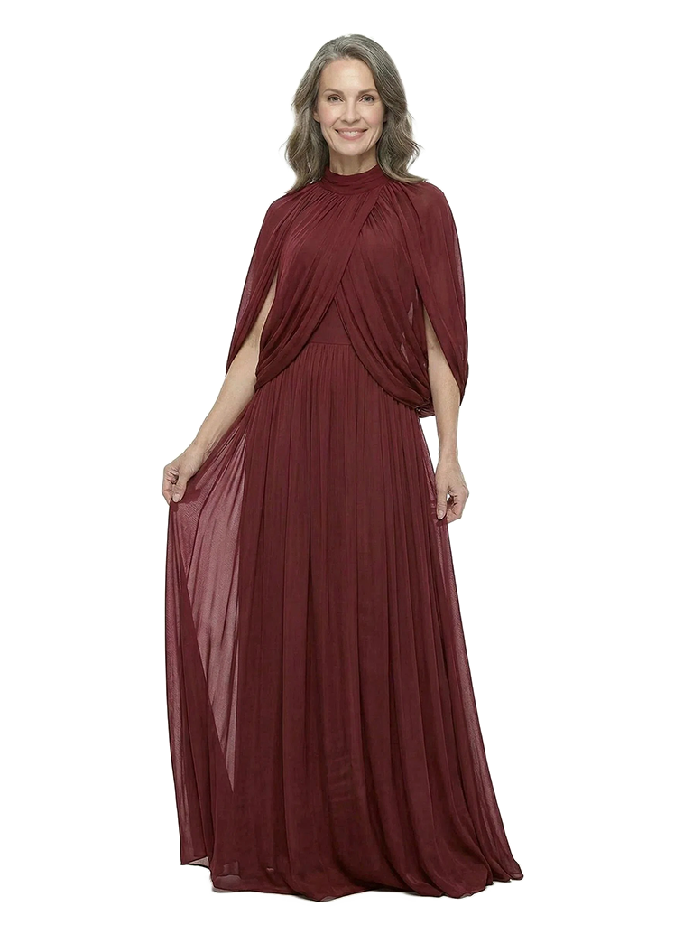 ChicSew High Neck Cape Sleeve Pleated Waist Floor Length Chiffon A-Line Mother of the Bride Dresses