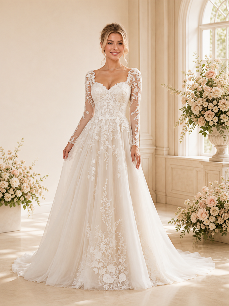 ChicSew Beautiful Long Sleeves Lace Appliques Tulle A-Line Maxi Wedding Dress Online
