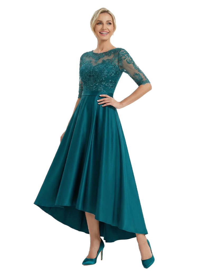 Chicsew Elegant Mother Of The Bride Dress Jewel Half Sleeves Lace Satin High-Low A-Line Gown