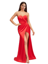 Sexy Front Slit Strapless Sweetheart Mermaid Soft Satin Long Bridesmaid Dresses Online