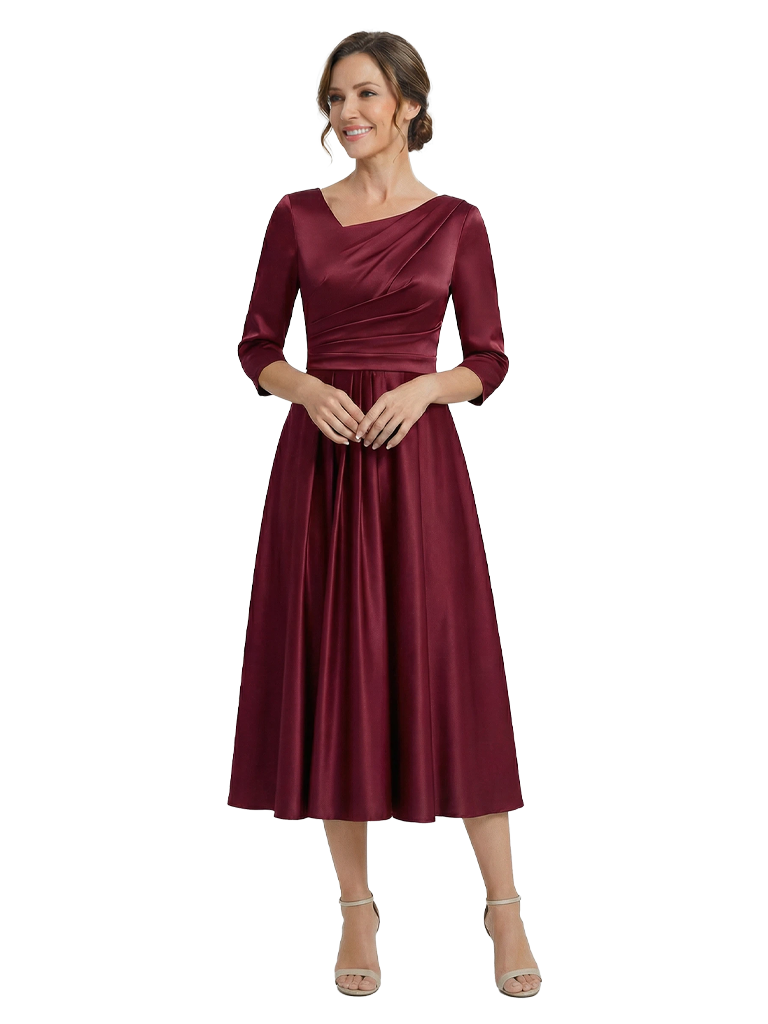 Elegant Asymmetric Neckline Long Slevees Satin Midi Mother Of The Bride Dresses