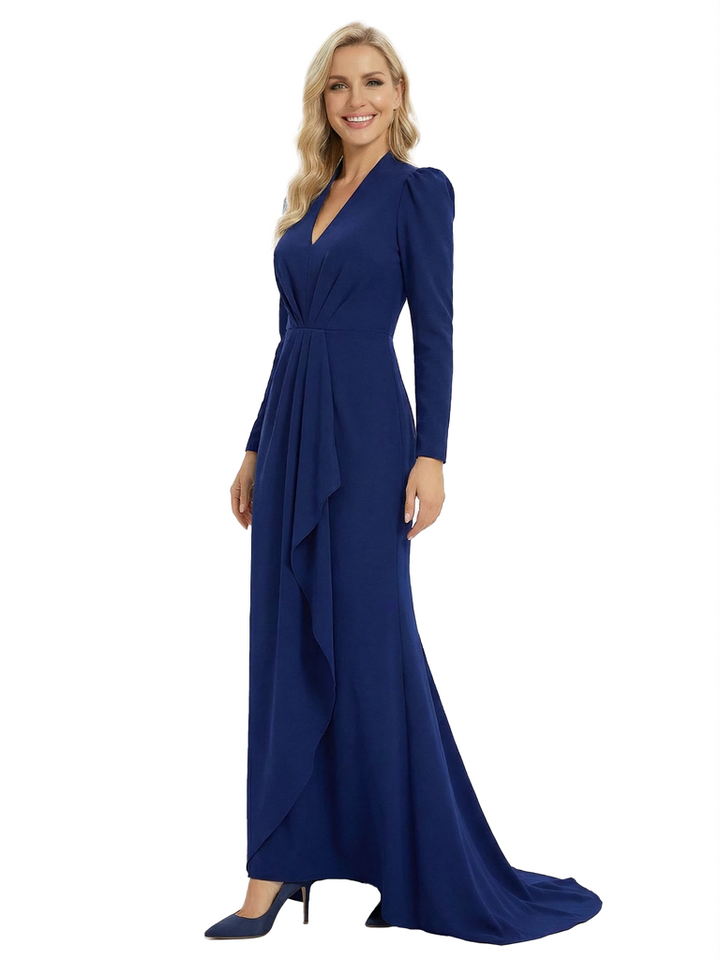 Chicsew Sophisticated Mother of The Groom Dress V-Neck Long Sleeves Ruffled Detail Fitted Train Jersey Timeless Elegant Formal Wedding Event Gown
