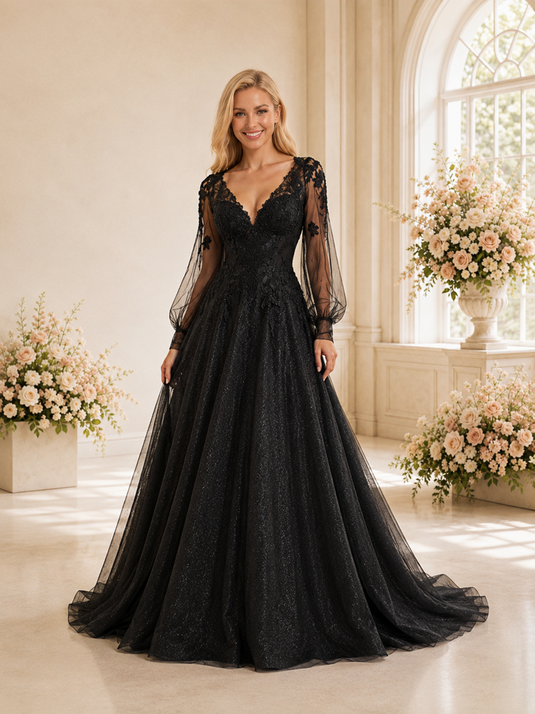ChicSew Pretty Unique V-Neck Lace Tulle A-Line Long Sleeves Maxi Long Wedding Dresses With Applique
