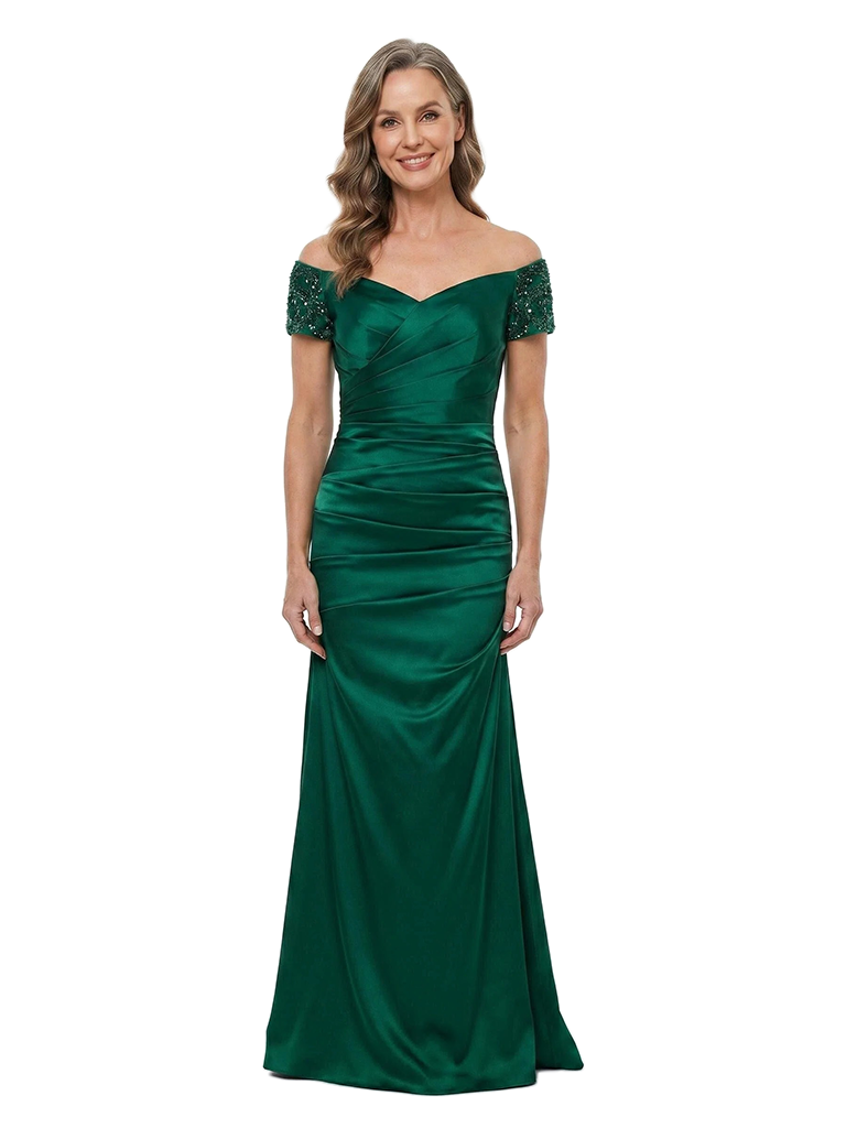 ChicSew Off The Shoulder Ruched Satin Mermaid With Beaded Short Sleeve Mother of the Bride Dress