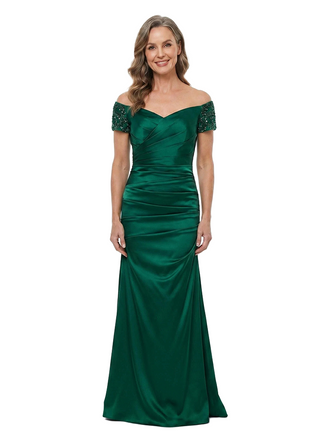 ChicSew Off The Shoulder Ruched Satin Mermaid With Beaded Short Sleeve Mother of the Bride Dress