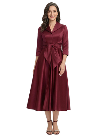 ChicSew V-Neck 3/4 Sleeve Bow Waist A-Line Tea Length Satin Mother Of The Bride Dresses