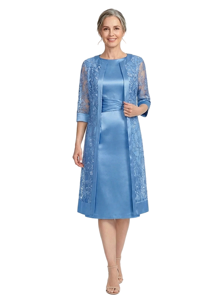 ChicSew Round Neck 3/4 Sleeve Lace Overlay Satin Dress Knee Length Satin Fancy Mother of the Bride Dresses