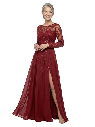 ChicSew Elegant Illusion Long Sleeve Chiffon Mother Of The Bride Dresses Lace Bodice Side Slit