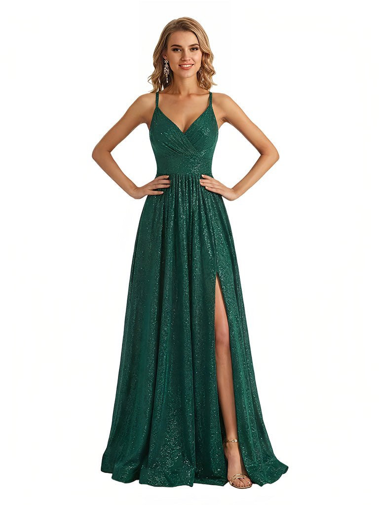Sexy V-Neck Spaghetti Straps A-Line Glitter Jersey Maxi Formal Evening Dresses For Women
