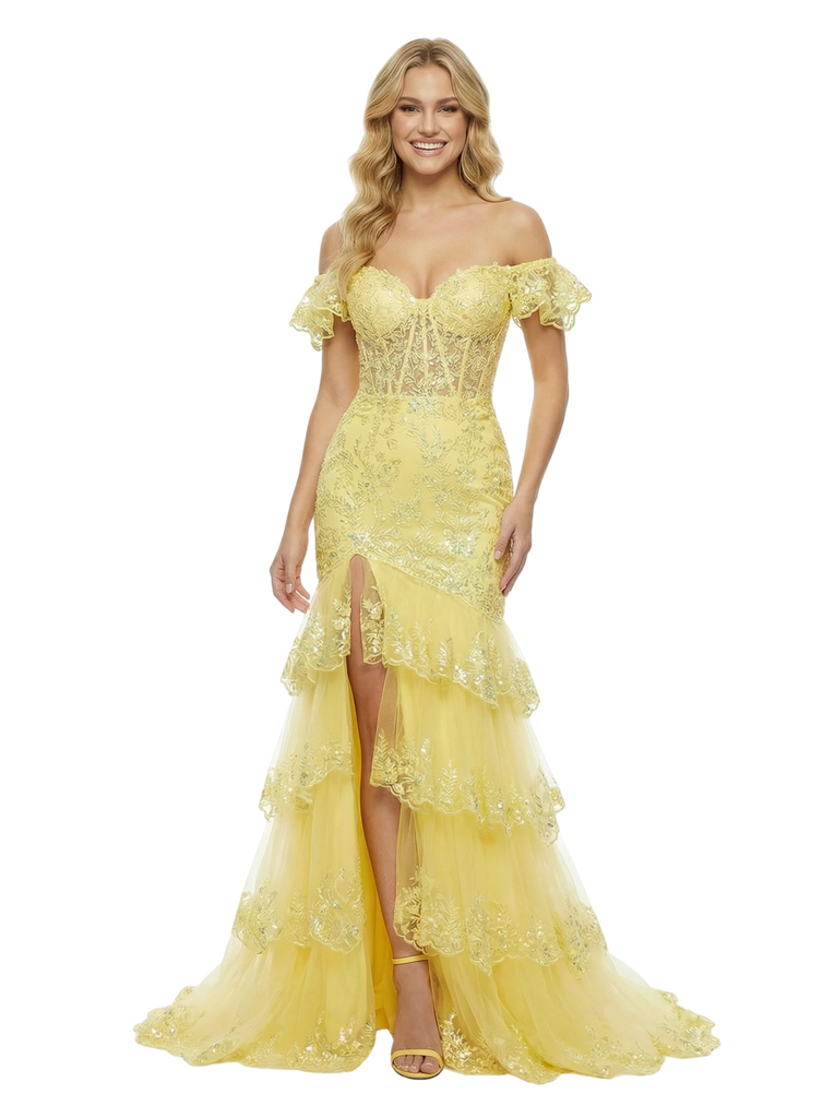 ChicSew Pretty Off Shoulder Corset Lace Side Slit Mermaid Maxi Long Evening Gown