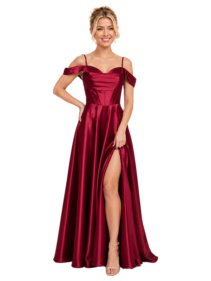 ChicSew Spaghetti Straps Boning Soft Satin A-Line Side Slit Long Bridesmaid Dress
