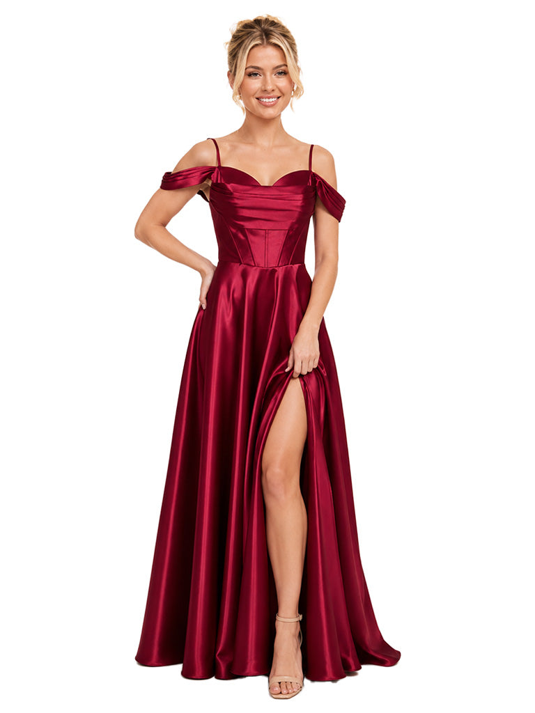 ChicSew Spaghetti Straps Boning Soft Satin A-Line Side Slit Long Bridesmaid Dress