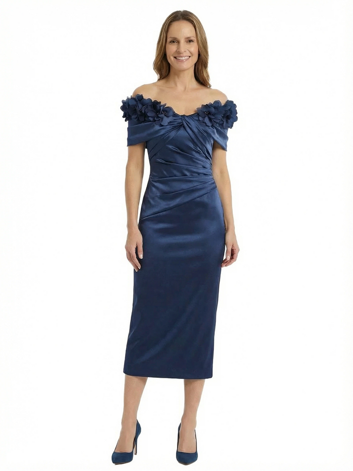 Chicsew Modern Off Shoulder Soft Satin Sheath Ruched Mother Of The Groom Tea-Length Dress