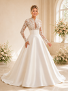 ChicSew Elegant Modern Lace Applique High Neck Long Sleeves Boning A-Line Floor-Length Satin Wedding Dress
