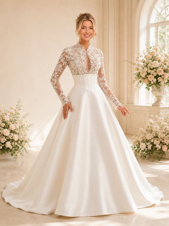 ChicSew Elegant Modern Lace Applique High Neck Long Sleeves Boning A-Line Floor-Length Satin Wedding Dress