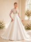 ChicSew Elegant Modern Lace Applique High Neck Long Sleeves Boning A-Line Floor-Length Satin Wedding Dress