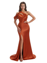 Sexy One Shoulder Mermaid Long Wedding Bridesmaid Dresses With Slit