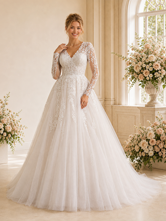 ChicSew Long Sleeves V-Neck A-Line Lace Tulle Floor Length Wedding Dresses