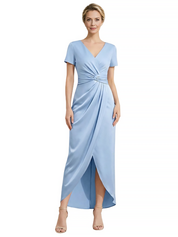 Elegant V-Neck Short Sleeves Ruched Satin Side Slit Mermaid Mother Of The Bride Dresses