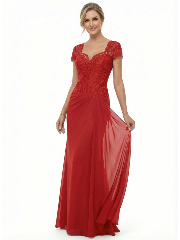 Elegant Lace Short Sleeves Chiffon A-Line Long Mother of The Bride Dresses
