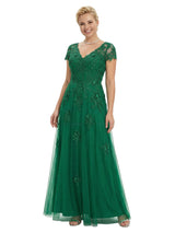V-Neck Mother Of The Bride Dress Short Lace Sleeves Maxi Gown Formal Wedding Attire