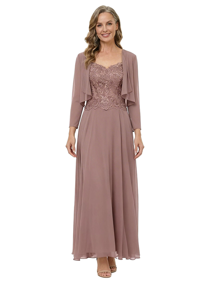 ChicSew Lace Bodice A-Line V-Neck Chiffon Long Sleeves Mother Of The Groom Dresses With Jacket