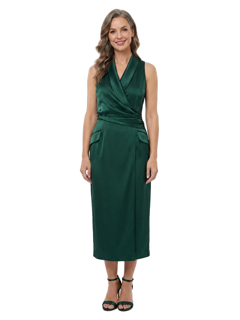ChicSew V-Neck Sleeveless Satin Wrap Tea Length Sheath Mother of the Bride Dress