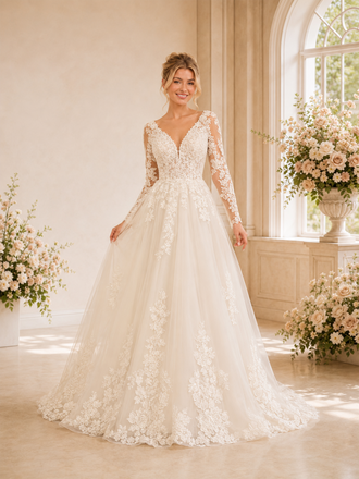 ChicSew Sexy V-Neck Lace Tulle Long Sleeves A-Line Maxi Wedding Dresses With Long Train