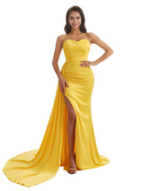 Strapless Sweetheart Mermaid Ruched Satin Chic Long Bridesmaid Dresses Sexy Slit
