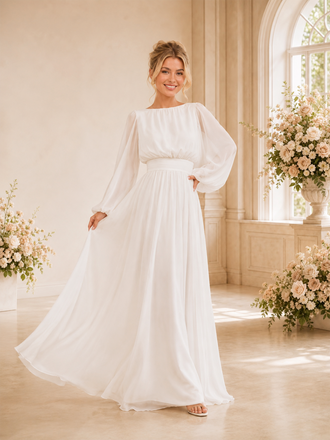 ChicSew Elegant A-line Long Sleeves Bateau Neckline Chiffon Maxi Wedding Dresses