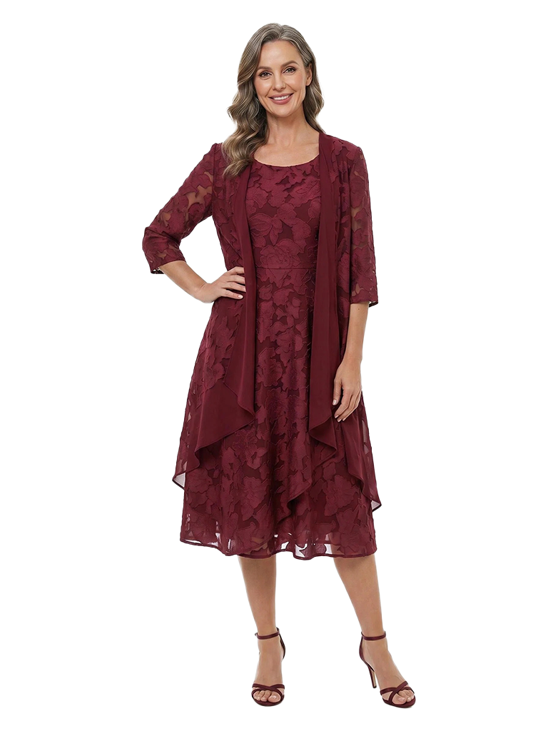 Chicsew Elegant Scoop 3/4 Sleeves Two-Pieces Floral Burnout Chiffon A-line Formal Mother of Bride Dress