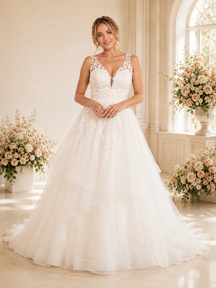ChicSew Fancy Spaghetti Straps Tulle Lace Appliques A-Line Long Wedding Dress